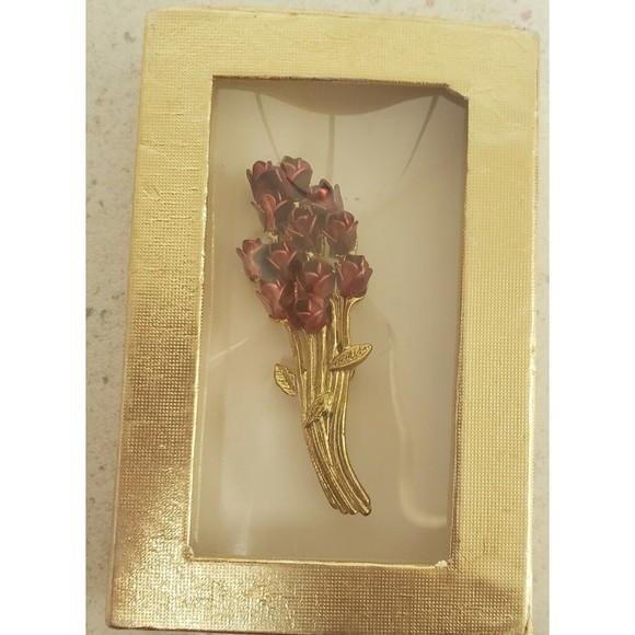 Vintage 1997 DM Goldtone Red Enamel ROSES BOUQUET Pin Brooch - Picture 2 of 3